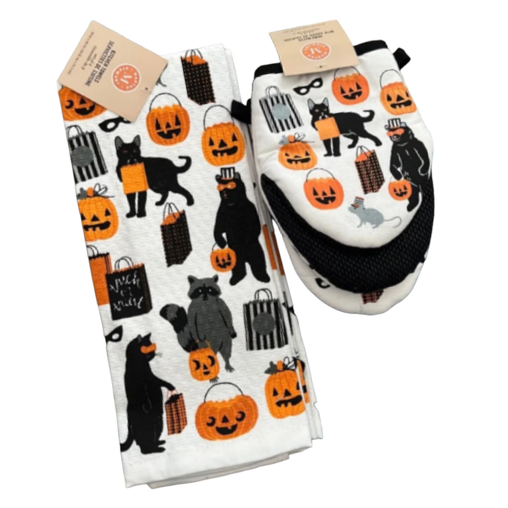Martha Stewart Halloween Mini Mitts and Kitchen Towel 4 Piece Set